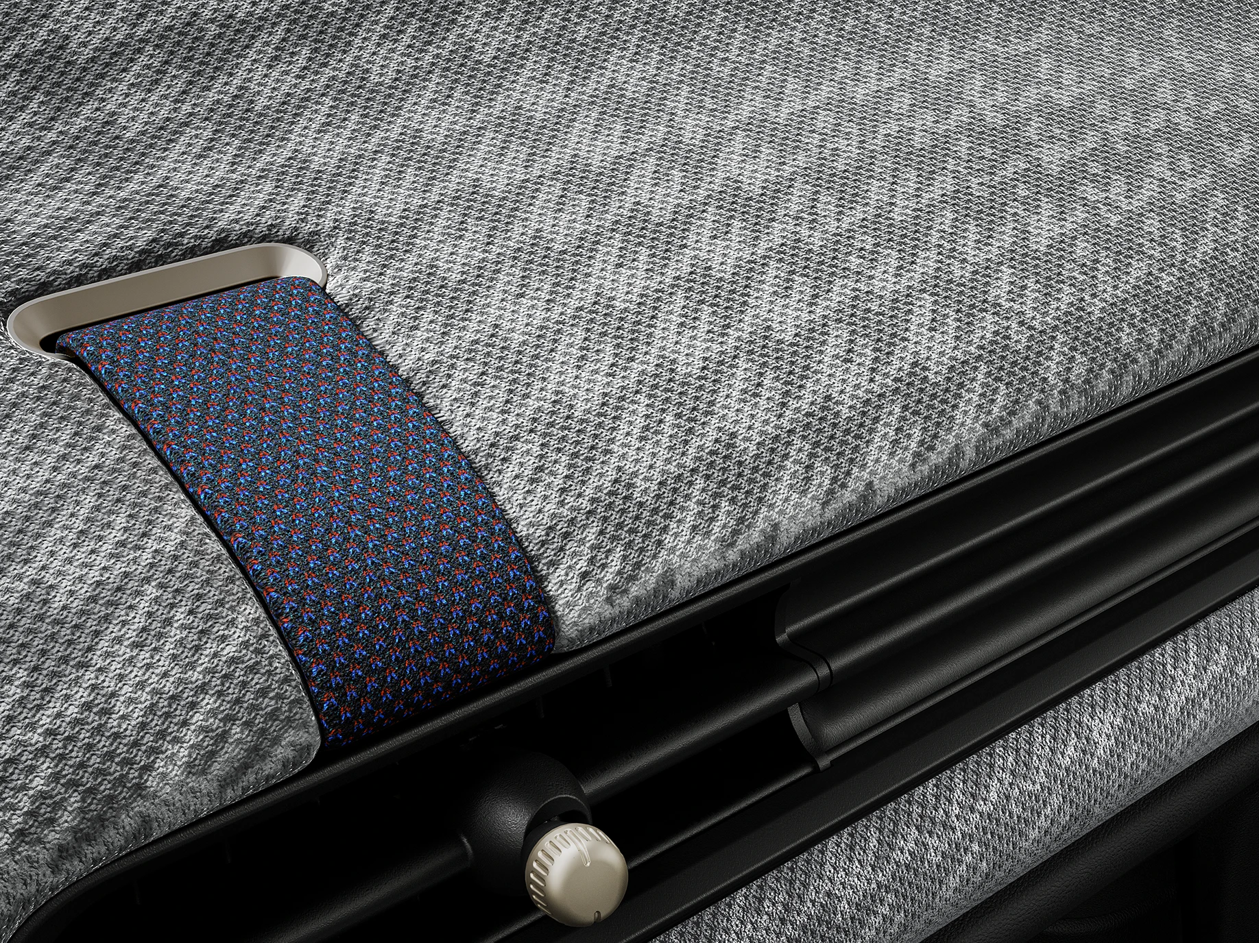 Grande plano do cockpit em tecido de malha 2D no interior do MINI Cooper.