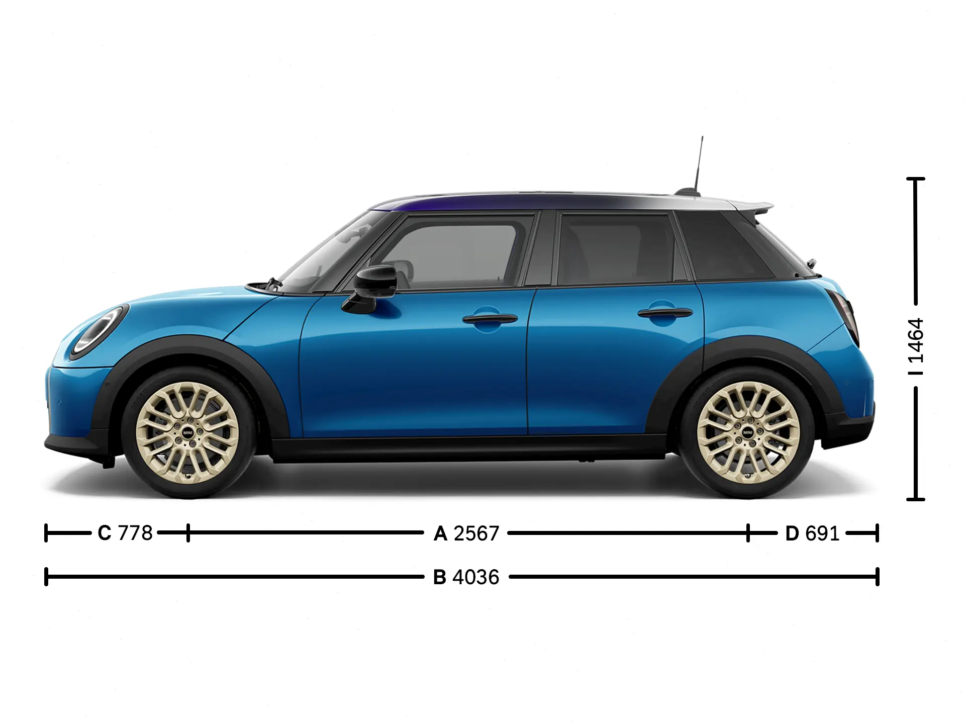 MINI Cooper 5 portas - Dimensões Lateral