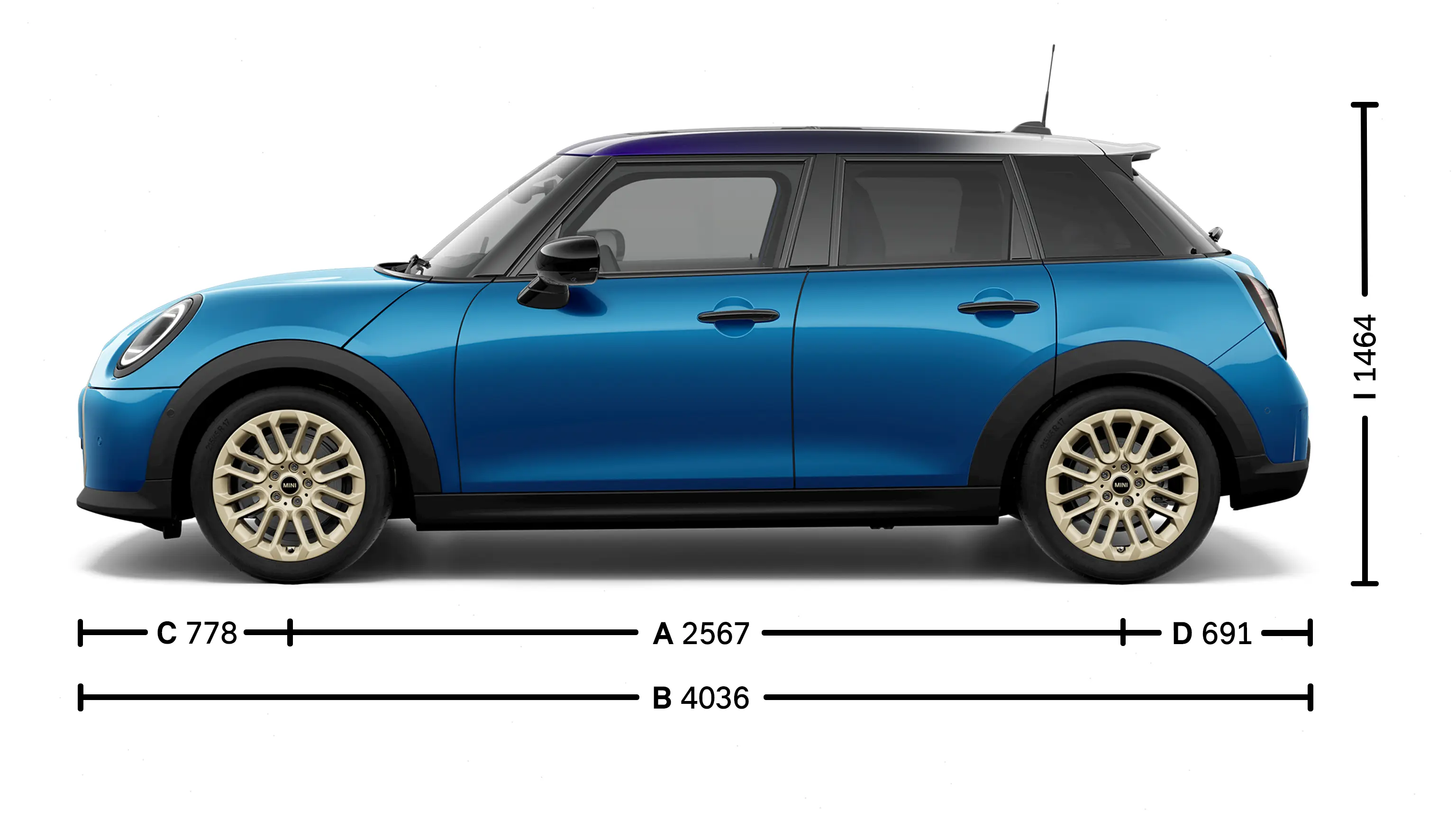 MINI Cooper 5 portas - Dimensões Lateral