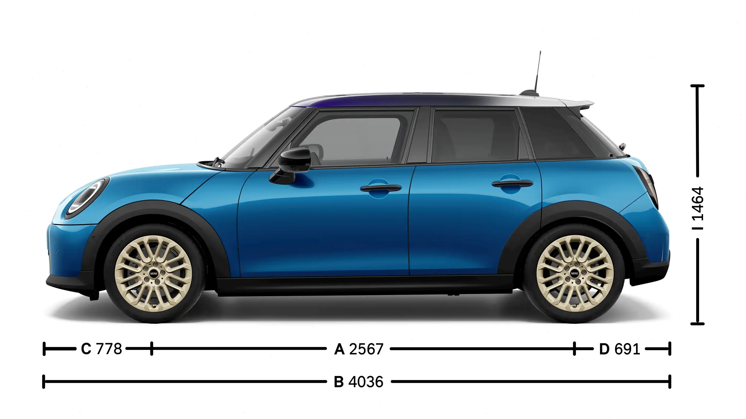 MINI Cooper 5 portas - Dimensões Lateral