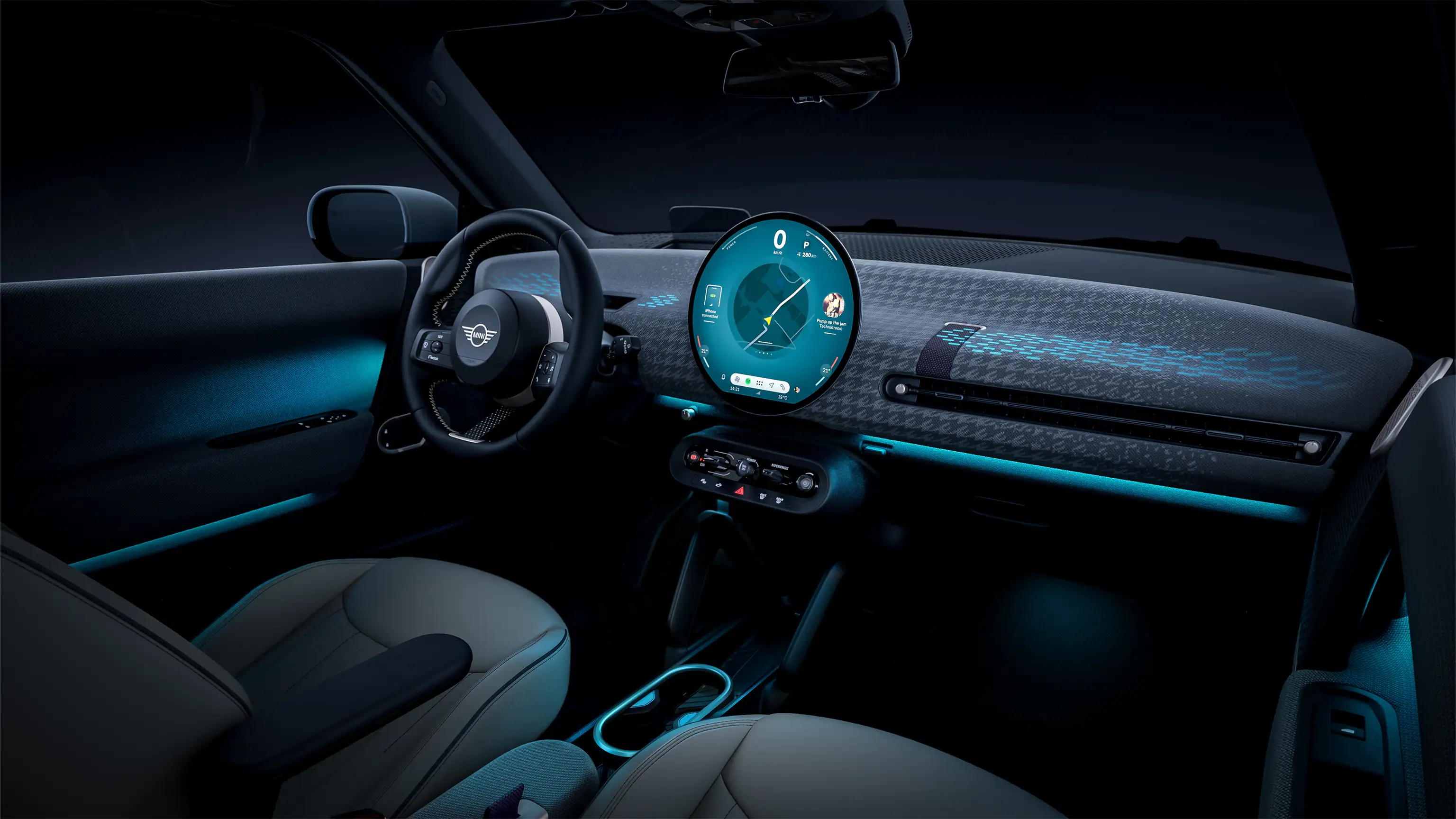 Vista panorâmica do painel de instrumentos iluminado do MINI Cooper 100% elétrico