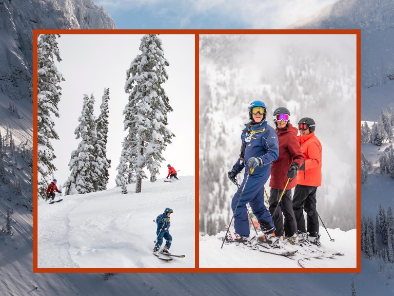 Duas imagens de três “Silver Sliders”, esquiando montanha abaixo e antes de uma descida de esqui, respetivamente.