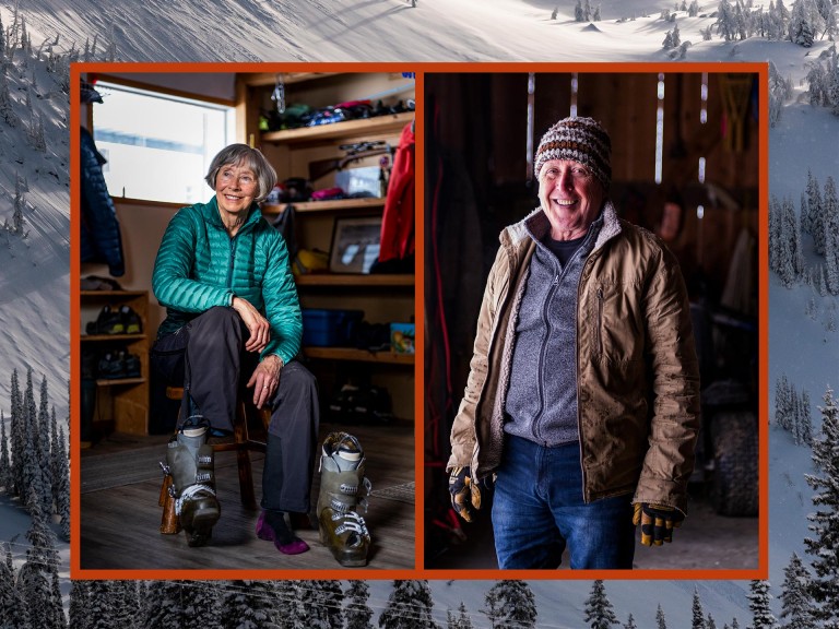 Retratos individuais do casal Joan Harvey e Mike Brewster.