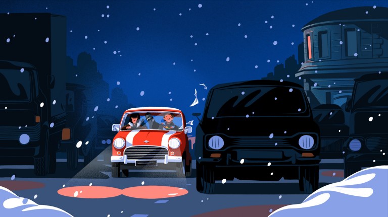 Ilustração de um MINI Clássico vermelho, de frente, no trânsito, com duas pessoas no seu interior.