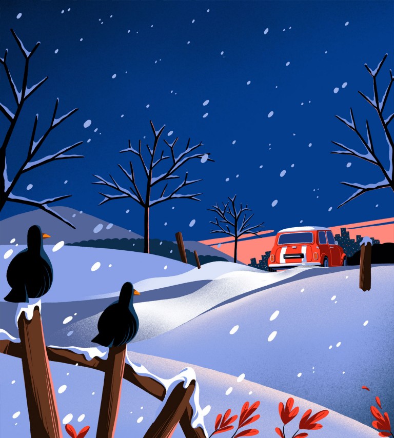 Ilustração da traseira de um MINI vermelho a circular numa estrada com neve.