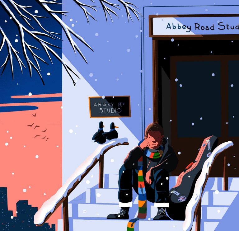 Ilustração de Chris Rea, sentado com postura triste à porta dos estúdios Abbey Road Studio.