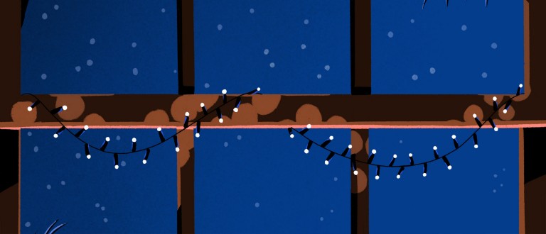 Ilustração de luzes de natal e neve a cair.