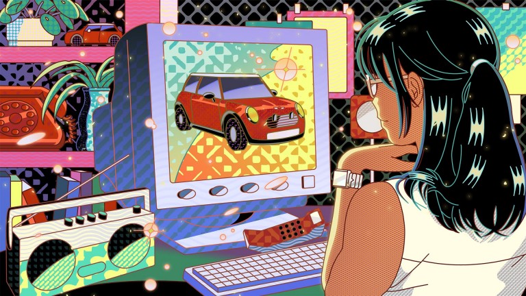 Ilustração em cartoon de um MINI contemporâneo em ecrã de computador e rapariga a contemplá-lo. 