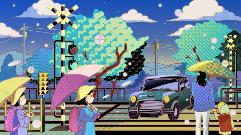 Ilustração em cartoon de um MINI Clássico nas ruas do Japão , com crianças à espera para atravessarem a passadeira.