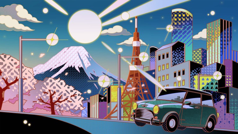 Cartoon colorido com MINI Clássico em destaque e a paisagem do Japão de fundo.