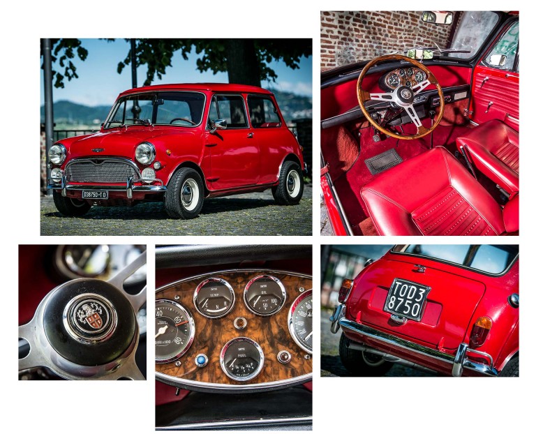 Fotografias de detalhes de um MINI vermelho de Enzo Ferrari.