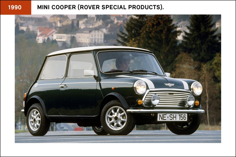 MINI Cooper RSP (Rover Special Products), de 1990, cor preto com riscas brancas.