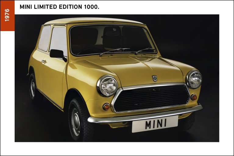 A primeira edição especial MINI, o 1000 Special, ou “Stripey”, cor amarelo torrado.