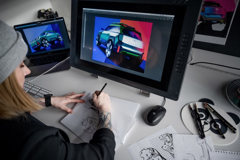 A designer’s workplace: the new concept car visualised on the computer screen.   