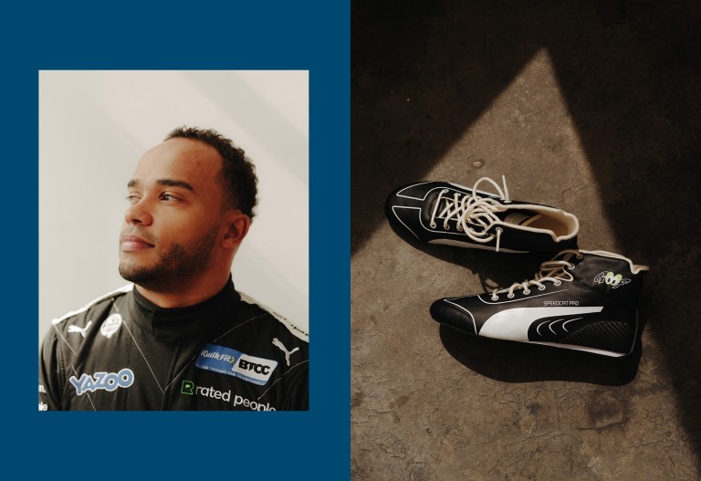 Image do Nic: Retrato lateral do piloto e convidado da MINI Nicolas Hamilton. Imagem do calçado: Imagem de um par de sapatos de corrida de Nicolas Hamilton.