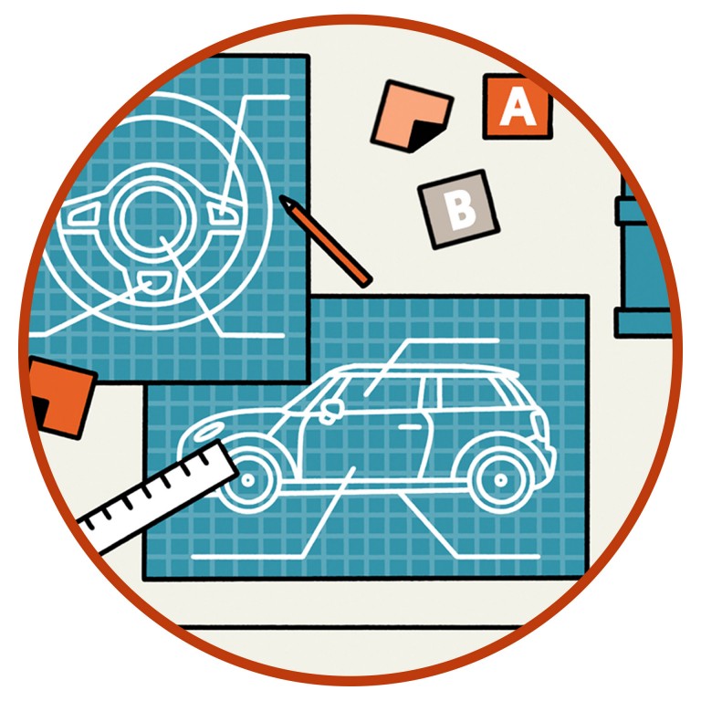 Ilustração que mostra esboços de um MINI Cooper SE e também de um volante numa secretária de trabalho.