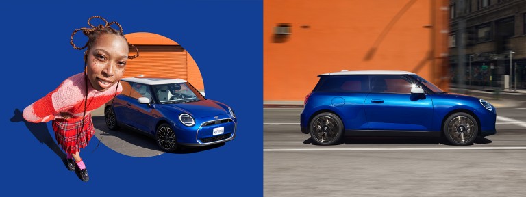 Montagem de duas fotos do exterior do novo MINI Cooper elétrico