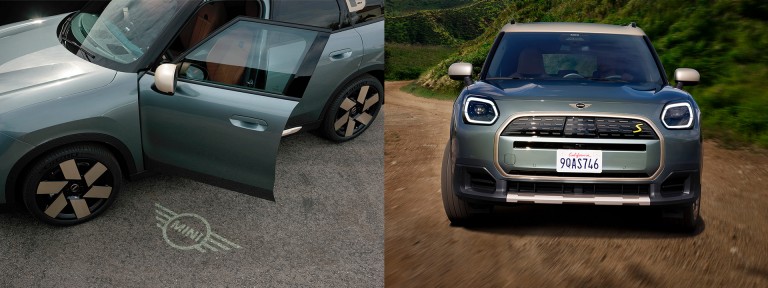 Montagem de duas fotos do exterior do novo MINI Countryman elétrico