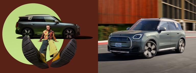 Montagem de duas fotos do exterior do novo MINI Countryman elétrico