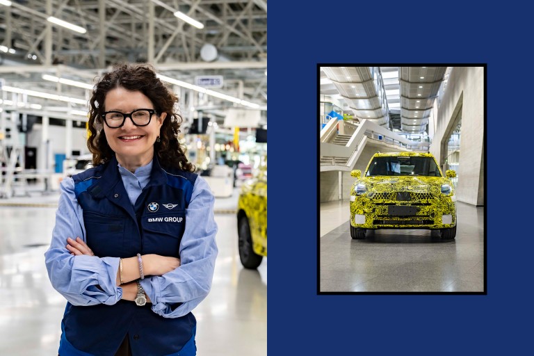 Uma colagem de duas imagens. À esquerda, Stefanie Wurst, Chefe da MINI, numa das salas de produção em Leipzig. À direita, uma imagem que mostra a vista frontal do novo MINI Countryman.