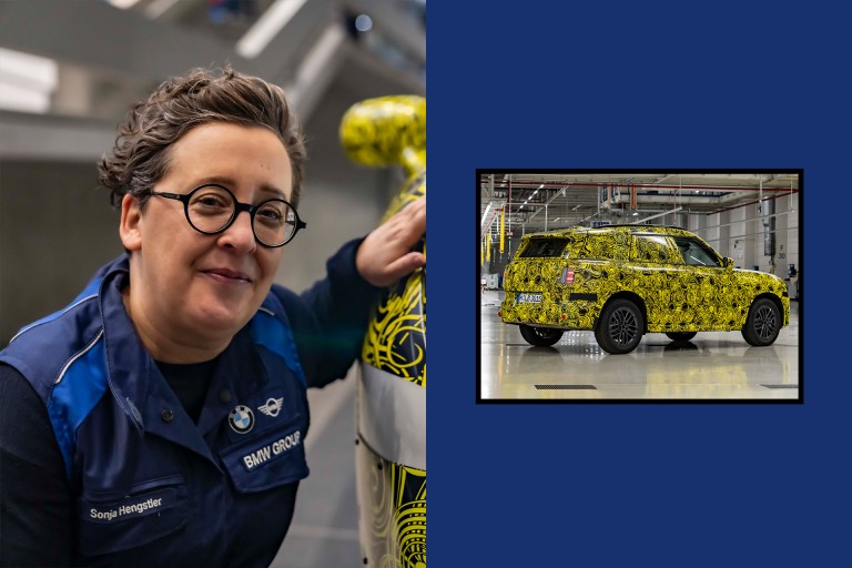 Uma colagem de duas imagens. À esquerda, um retrato de Sonja Hengstler, Gestora de Projeto para o novo MINI Countryman. À direita, uma imagem que mostra a vista lateral do novo MINI Countryman.