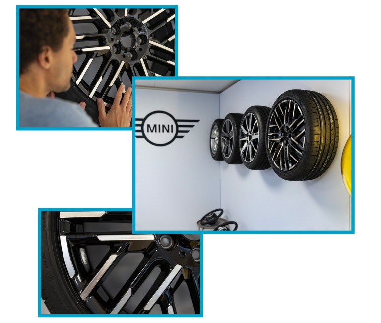 Oliver Heilmer, chefe de Design da MINI, a mostrar as jantes. Quatro jantes diferentes em exposição.