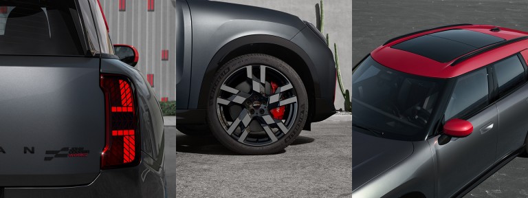 Montagem de três fotos de detalhes do exterior do novo MINI John Cooper Works Countryman