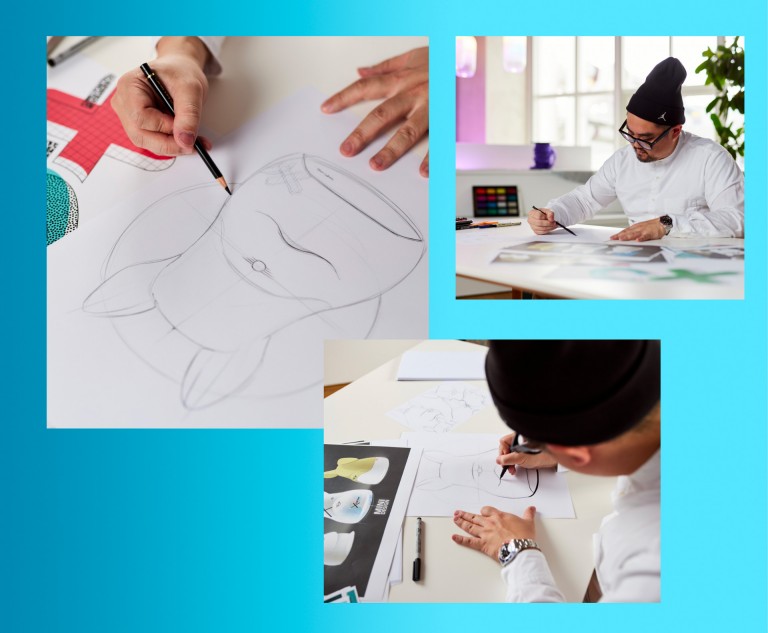 Colagem de três imagens. Um designer da equipa de design da MINI está a desenhar o Spike - isso é mostrado em três imagens em perspetivas diferentes.